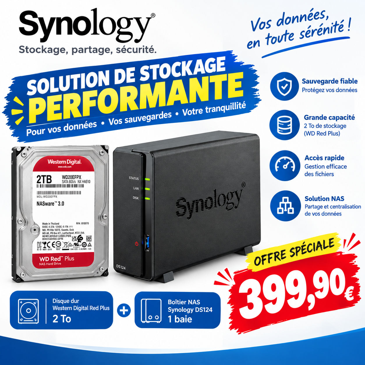 Acheter Pack NAS Synology DS124 + disque WD Red Plus 2 To à La Réunion 974